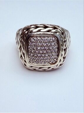 John Hardy Classic Chain Pave Diamond Signet Sterling Silver 925 Ring $1325